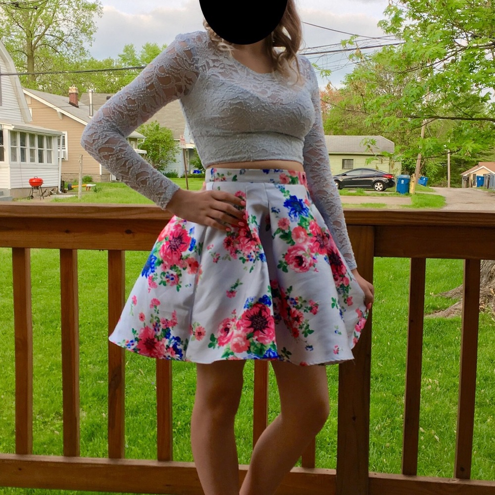 2 piece light blue and floral homecoming dress